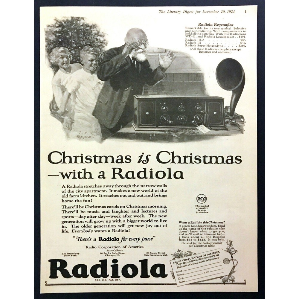 1924 Radiola Regenoflex Radio art "New Joy on Christmas Theme" vintage print ad